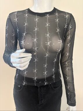 Dolls Kill Current Mood Black Semi Sheer Long-Sleeve Mesh Top Barbed Wire Print
